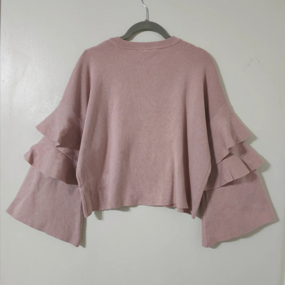 ✨️4/$20 POOF! Dusty Mauve Cropped Knit Crewneck Sweater Long Tiered Bell Sleeves - Picture 6 of 14
